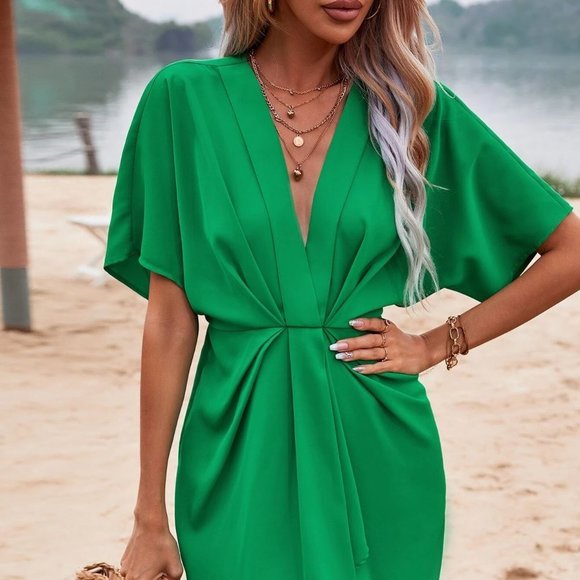 . Dresses & Skirts - Green Boho Womens Solid Ruched Front Batwing Sleeve Dress